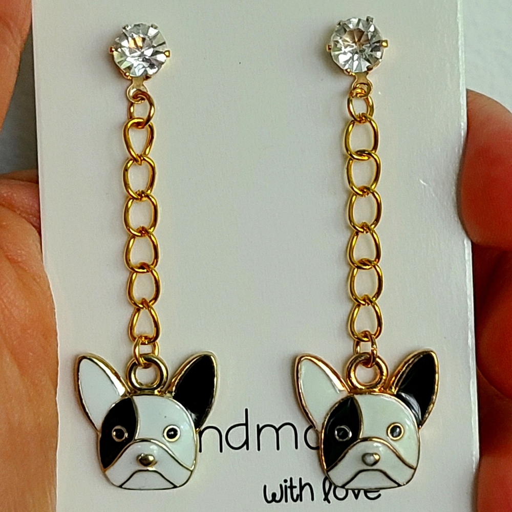 Boston terrier earrings dangling gold stud rhinest
